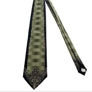 Uomo Veneto Neck Tie Italian Made Black Satin Intricate Details Black Gold Green